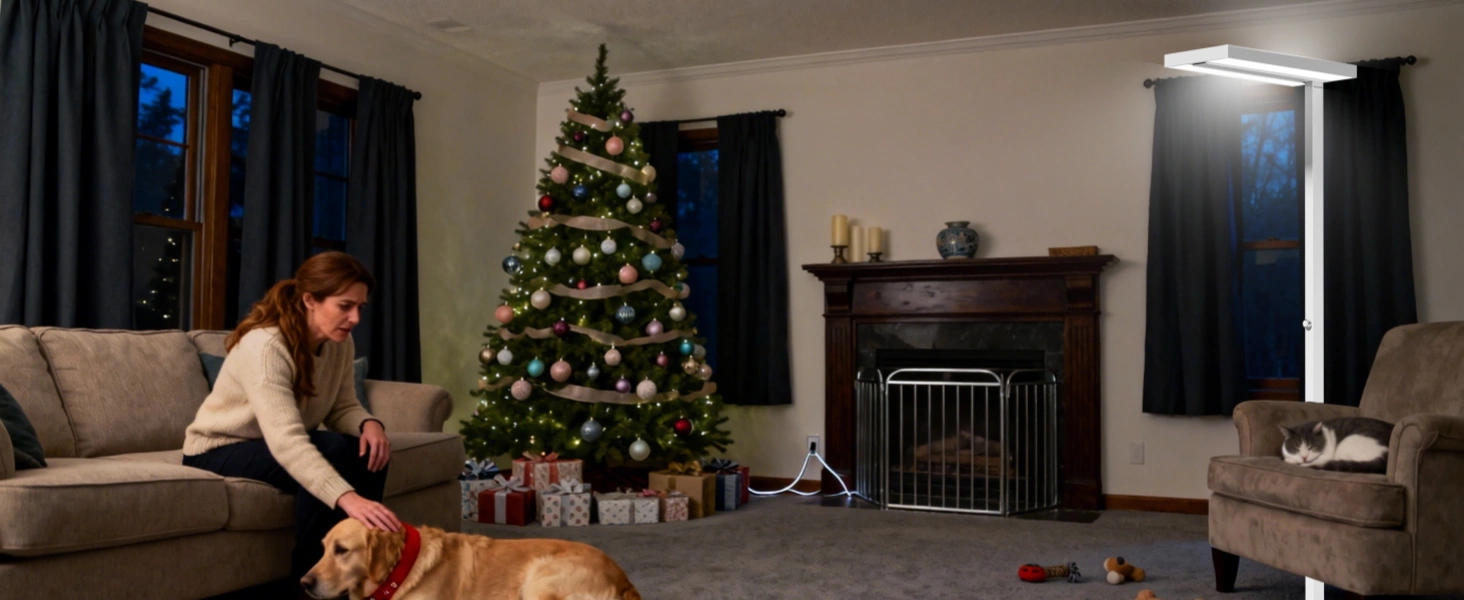 Lámpara de mesa LED estable Honeywell 02E en sala de estar con decoraciones navideñas y mascotas