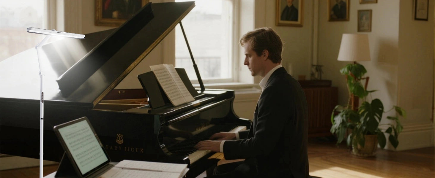 Piano player using Honeywell 05D01 floor lamp for optimal keyboard and sheet music illumination