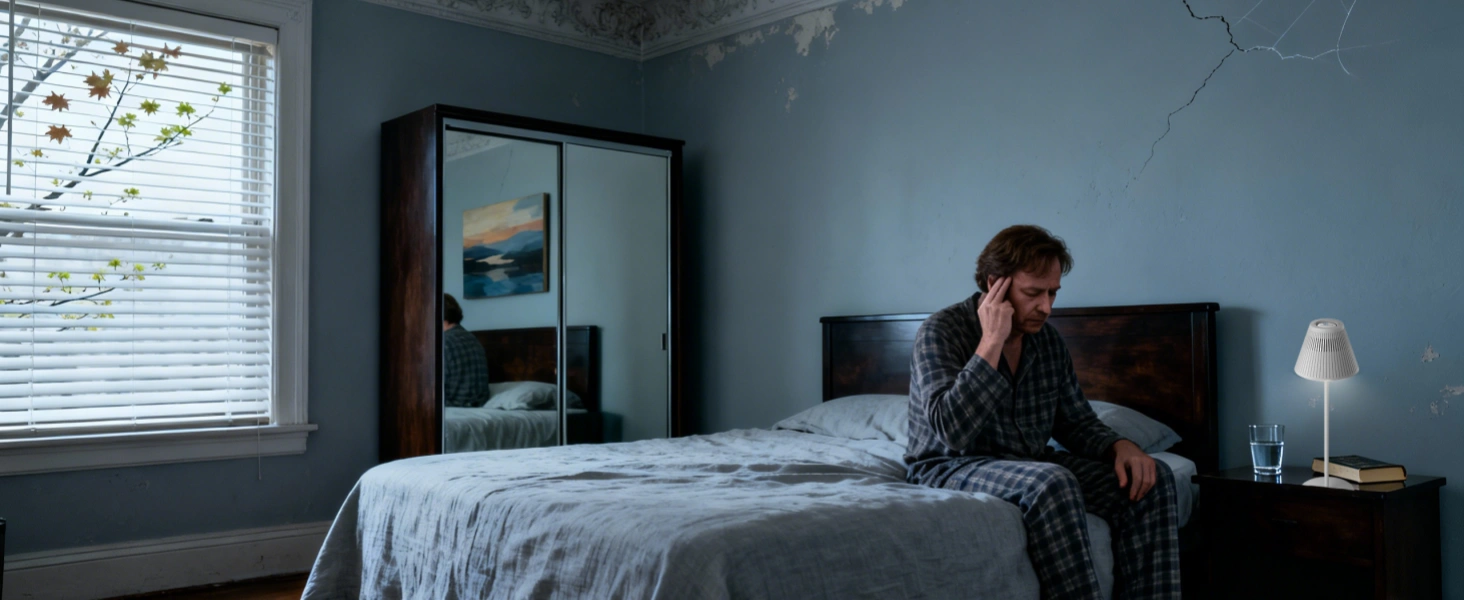 便携式无线紧凑灯放置在卧室床头柜上，方便夜间使用