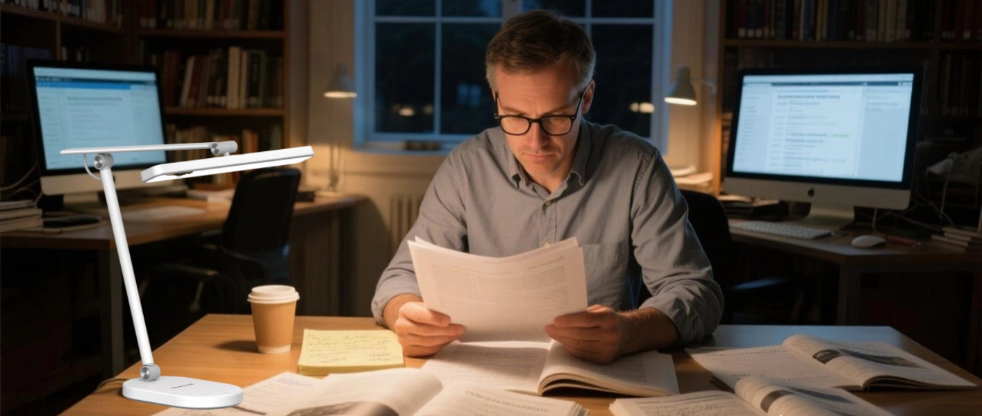 College professor working late with research-grade desk lamp