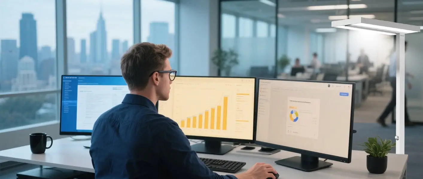 Software developer coding with three monitors