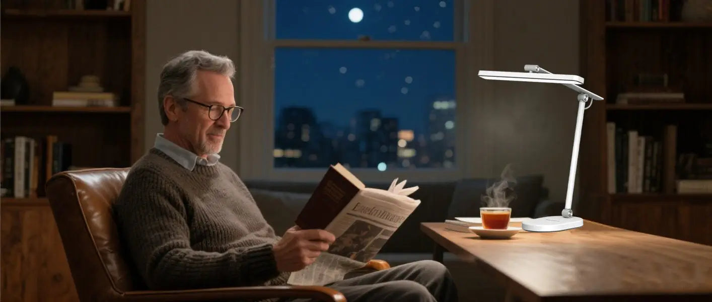 Honeywell smart desk lamp providing focused light for elderly reading tasks