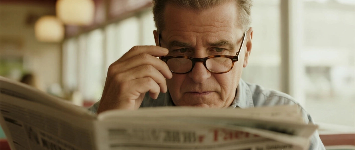 Senior man squinting while reading book showing presbyopia symptoms
