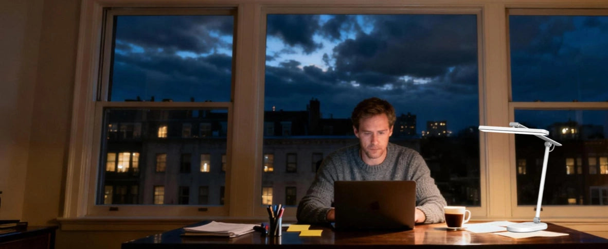 Remote worker using natural light desk lamp in modern home office during winter