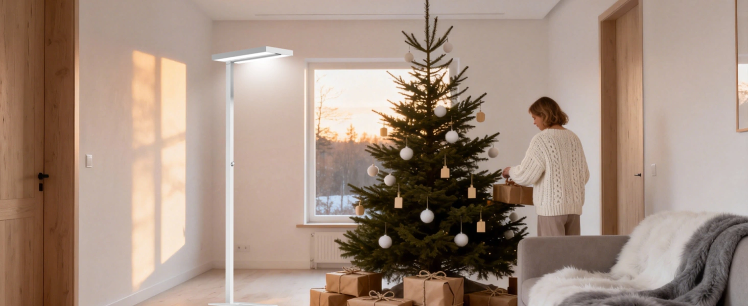 Modern living room with minimalist Christmas lighting and neutral Scandinavian decor