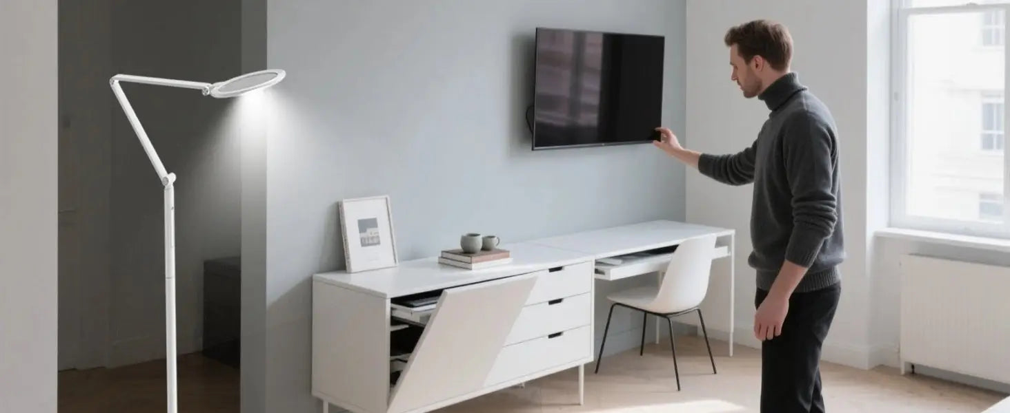 Minimalist floor lamp in small apartment corner with rotating head for optimal lighting