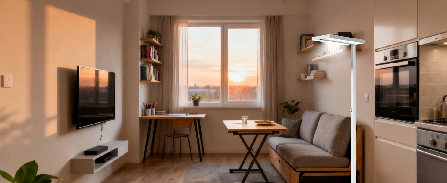 Floor lamp placement diagram showing optimal positioning in compact living spaces