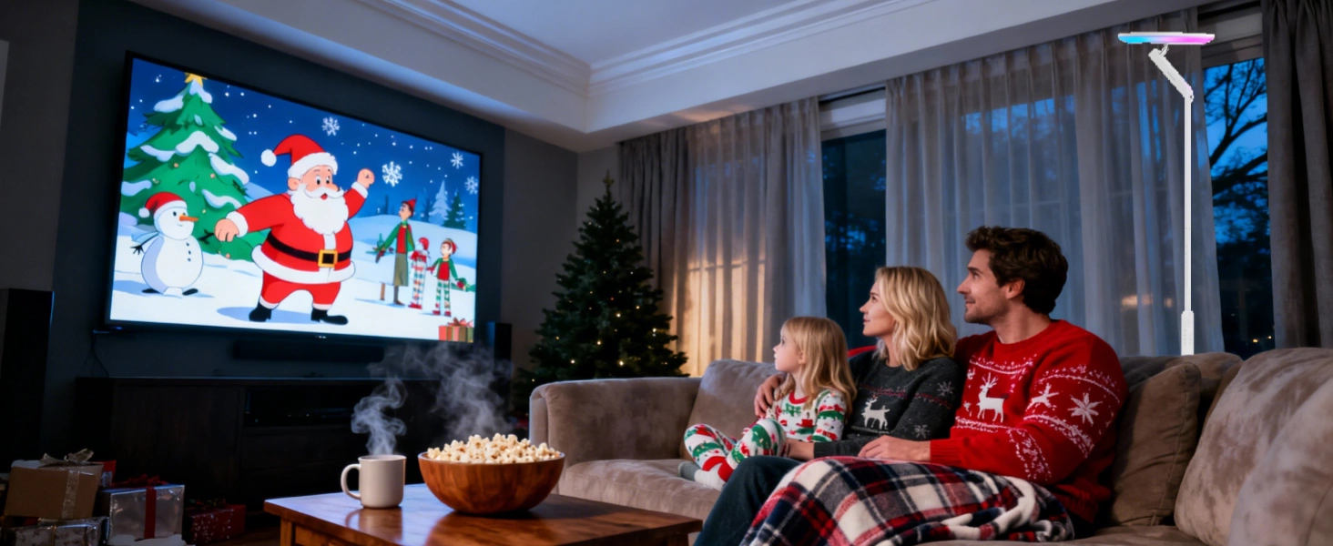 Honeywell F2 Umgebungslichter, angeordnet auf dem Kaminsims mit bunten Weihnachtslichteffekten