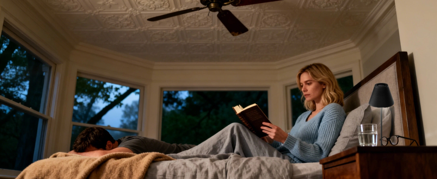 春季卧室床头柜上的暖色环境灯营造有利睡眠的环境