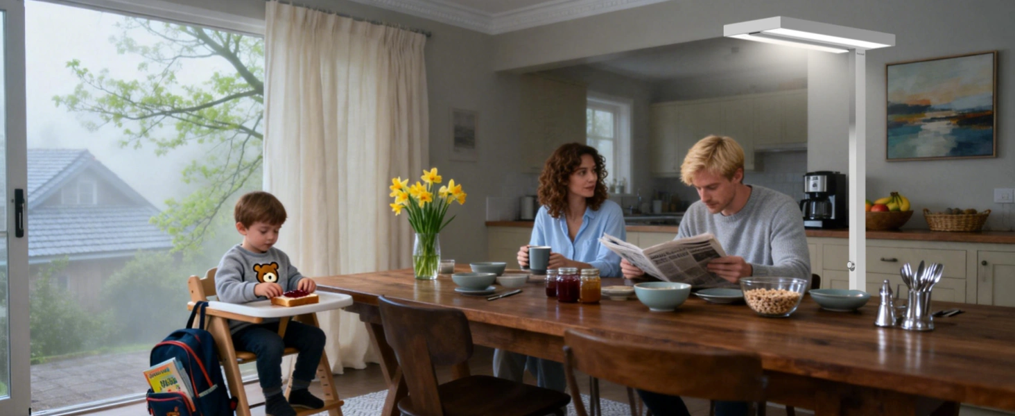 Lumière du soleil printanière traversant les fenêtres avec une lampe sur pied intérieure créant un environnement d'éclairage domestique équilibré