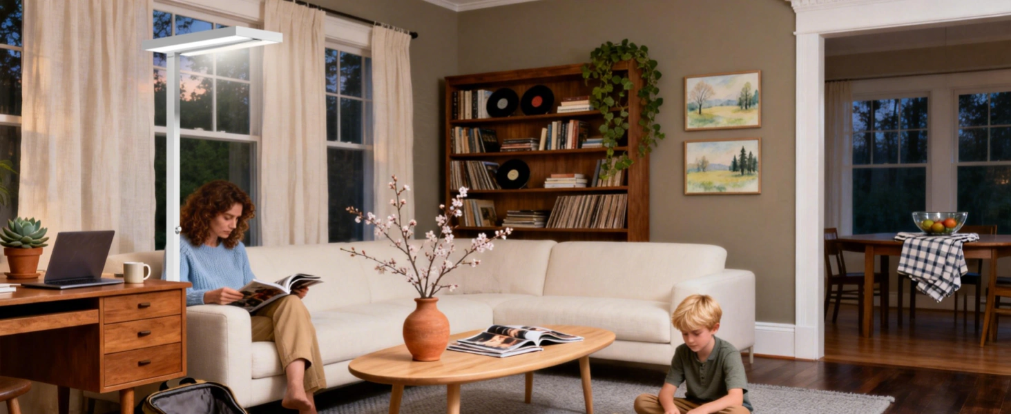 Modern living room with natural daylight floor lamp for spring home reset