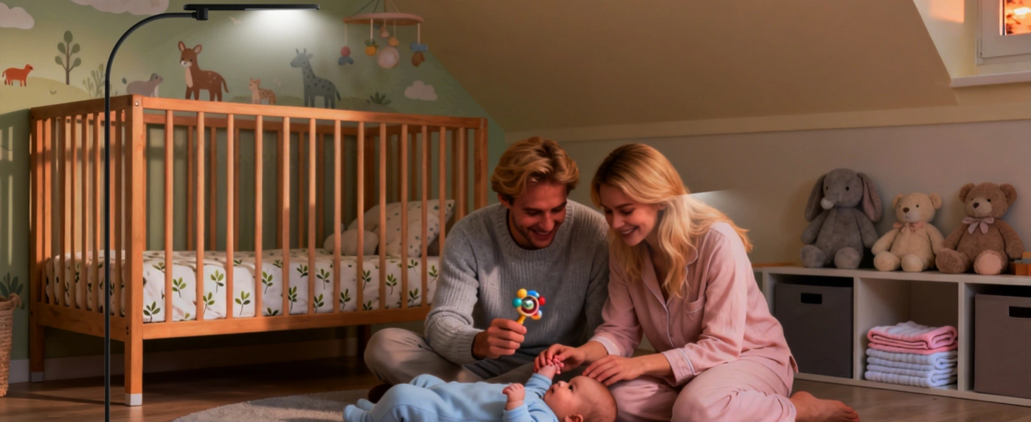 Warm amber nursery floor lamp illuminating baby changing station during evening routine with soft glow