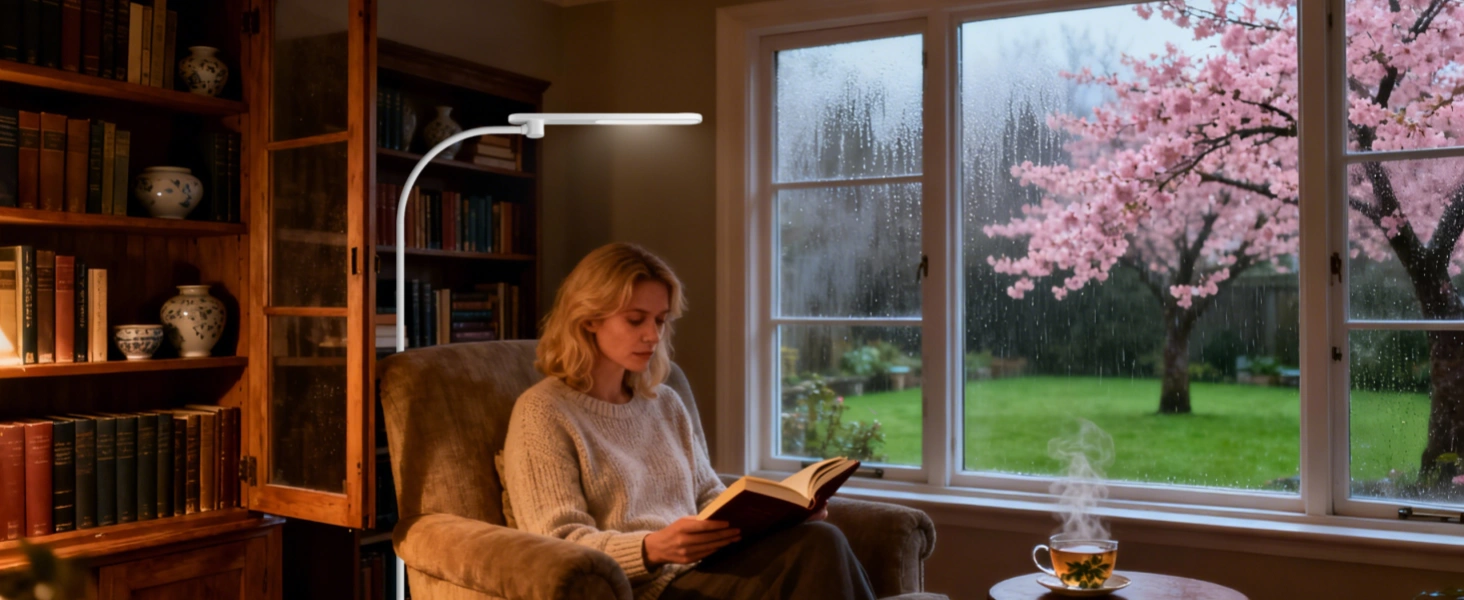 温馨的春季阅读角落，落地灯放置在靠近窗户的扶手椅旁