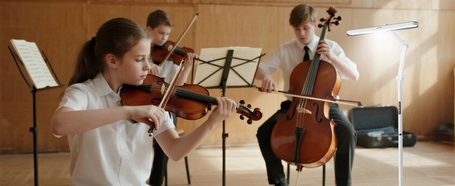 Cellist practicing with Honeywell 05D01 floor lamp ensuring clear visibility of music and fingerboard