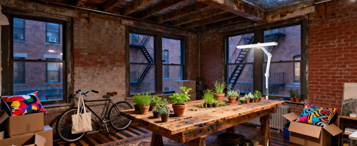 Studio apartment lighting zones created with a single Honeywell 02E floor lamp replacing multiple fixtures