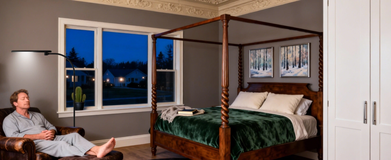 Eco-friendly floor lamp in corner reading nook with festive holiday decorations