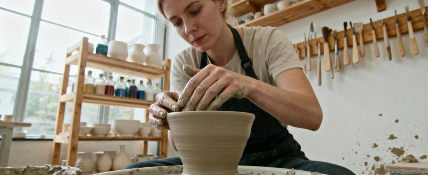 Task lighting floor lamp providing precise illumination for pottery making workbench