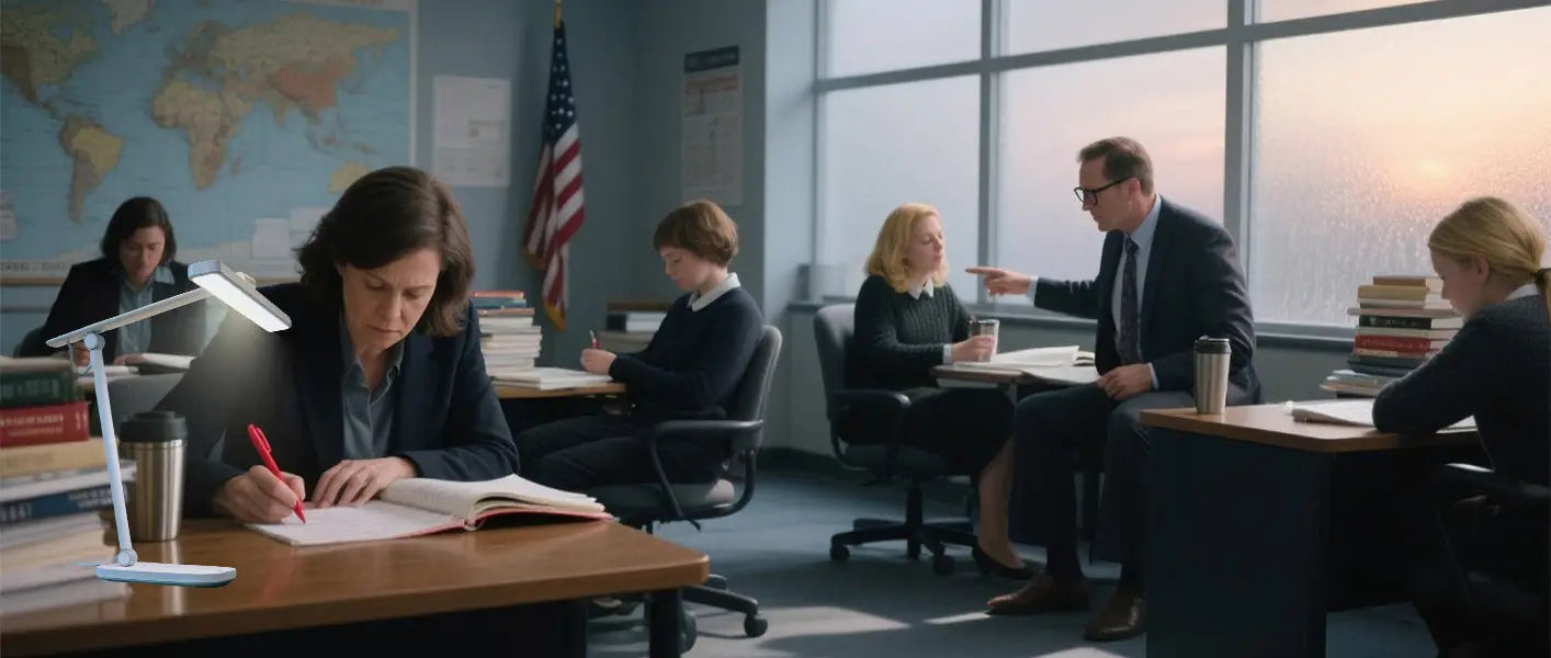 Teacher using a high-CRI desk lamp to grade papers in a dimly lit classroom