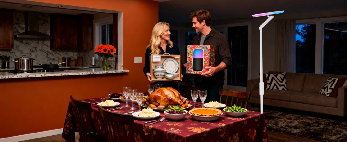 Elegante Honeywell-Stehlampe im modernen Wohnzimmer als Thanksgiving-Einweihungsgeschenk