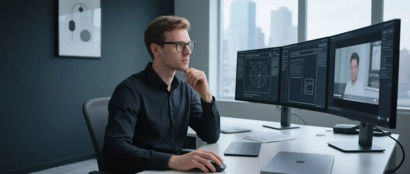 Designer UI travaillant avec deux moniteurs sous une lampe de bureau à température de couleur réglable