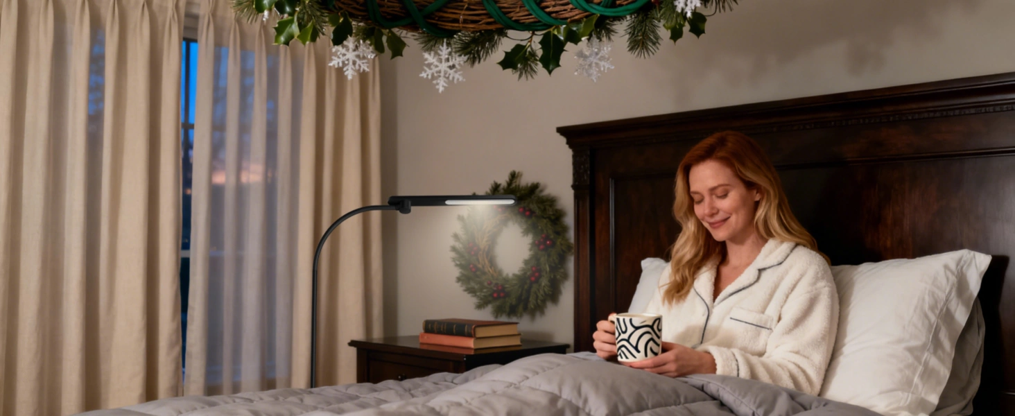 2700K warm white lighting creating relaxing nighttime bedroom environment for holidays
