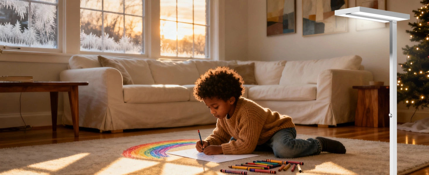 Multizonen-Arbeitsbeleuchtungs-Setup für Winterbasteleien mit verstellbarer Stehlampe und zusätzlicher Schreibtischlampe