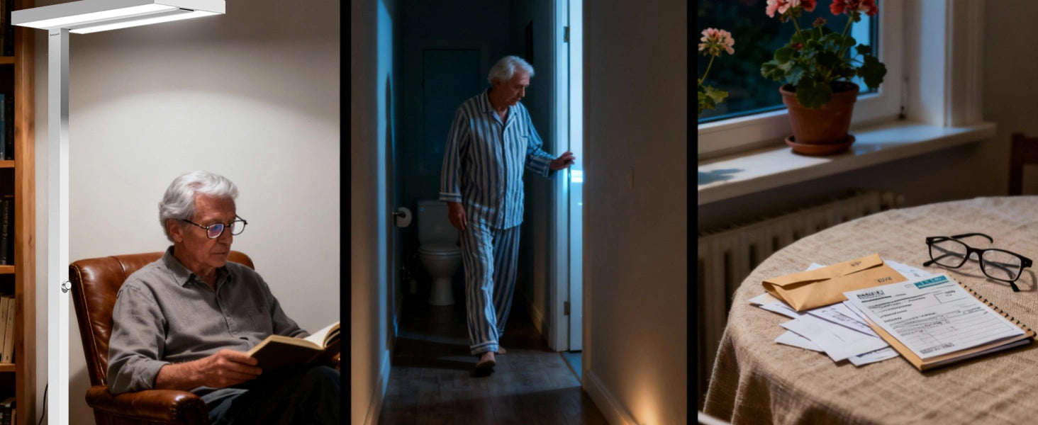 Senior, der sicher durch ein winterlich beleuchtetes Wohnzimmer mit richtig positionierter Bodenbeleuchtung geht