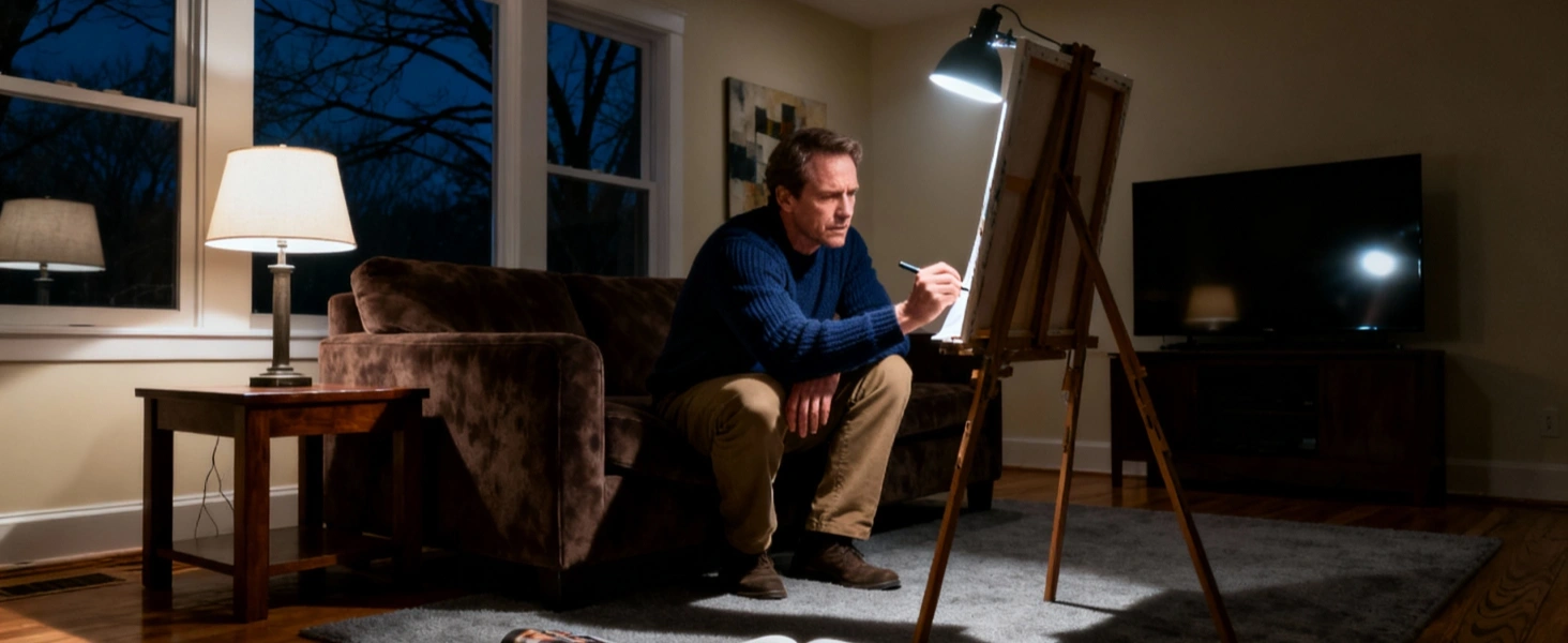 远程工作人员在桌前，任务落地灯照亮键盘和文件